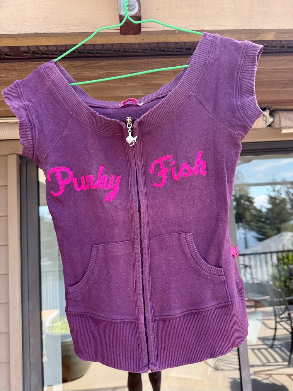 Vintage Punky Fish Purple Zip-Up Short Sleeve Hoodie Top (USA Size 6 - small)
